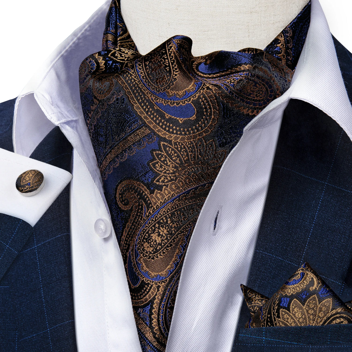 Men Premium Silk Ascot Tie Set Paisley Floral Blue Red Vintage Wedding Formal Cravat Tie Ascot Scarves Pocket Square Set DiBanGu