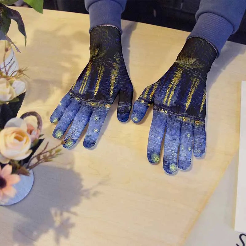 New Van Gogh Oil Painting Knitted Gloves Warm Women Mittens Sunflower Garden Work Gloves Touch Screen Gloves For Mobile Phone