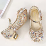 Princess Kids Leather Shoes for Girls Flower Casual Glitter Children High Heel Girls Shoes Butterfly Knot Blue Pink Silver