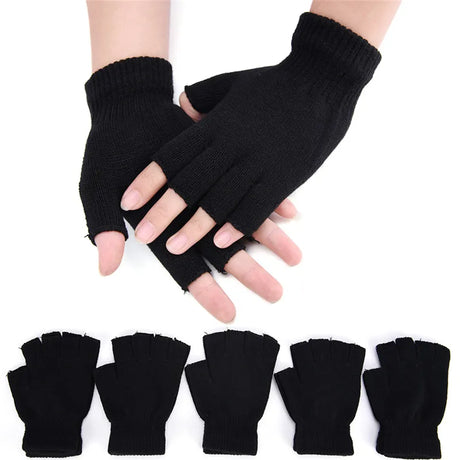 1Pair Winter Warm Workout Gloves Wool Knit Wrist Cotton Gloves Black Half Finger Fingerless Gloves For Women And Men