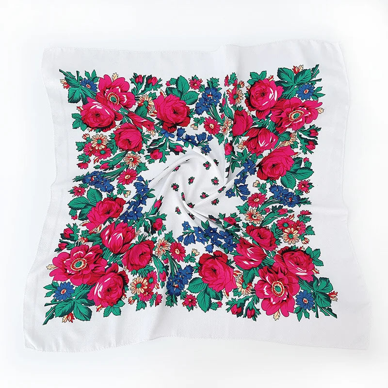 70*70cm Luxury Flowers Square Russian Scarf Women Floral Printed Shawl Female Bandana Head Wrap Headband Scarves Handkerchief
