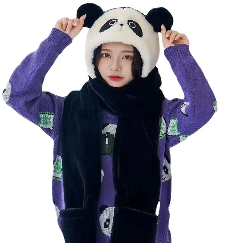 Panda plush Ladies Winter Riding Warm Windproof Gloves Bib Hat Three Piece Women Bear Ear Scarf One-Piece Cap Antlers Female Hat