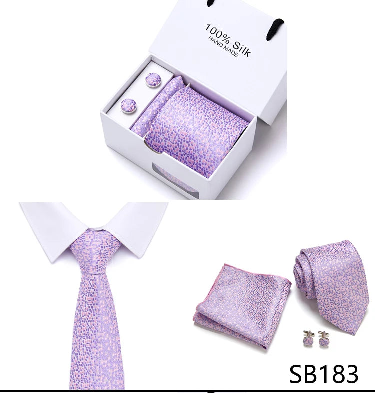 Brand 100% Silk Ties Gift box Office  Men Classic Party Wedding striped 7.5cm Silk Wedding  Floral Tie Necktie Handkerchief Set