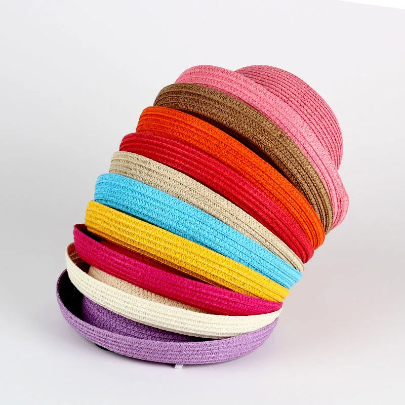 Wholesale Baby Straw Hat Solid Color Kids Character Decoration Infant Sun Hats Girl Boys Bucket Cap Children Beach Panama Caps