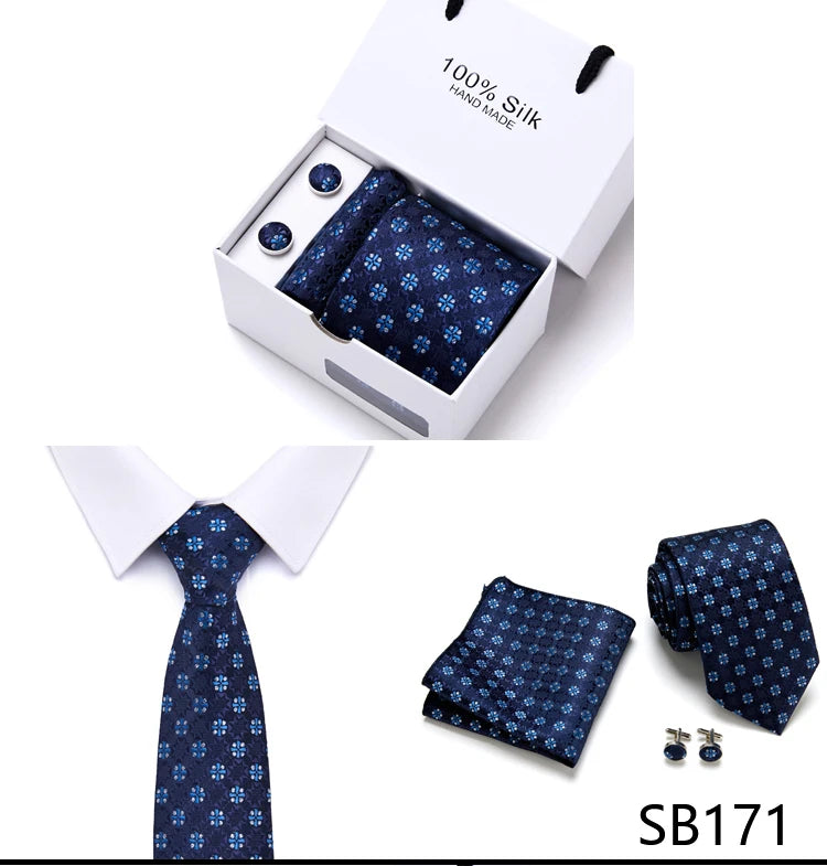 Brand 100% Silk Ties Gift box Office  Men Classic Party Wedding striped 7.5cm Silk Wedding  Floral Tie Necktie Handkerchief Set