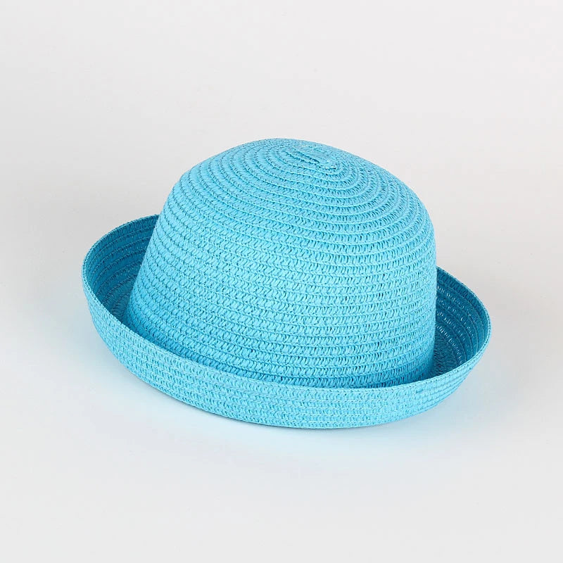 Wholesale Baby Straw Hat Solid Color Kids Character Decoration Infant Sun Hats Girl Boys Bucket Cap Children Beach Panama Caps