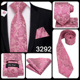 Hi-Tie Luxury Floral Paisley Ties for Men Male Desigenr Red Green Snow Ties for Christmas Adult Silk Tie Hanky Cufflinks Tie Set