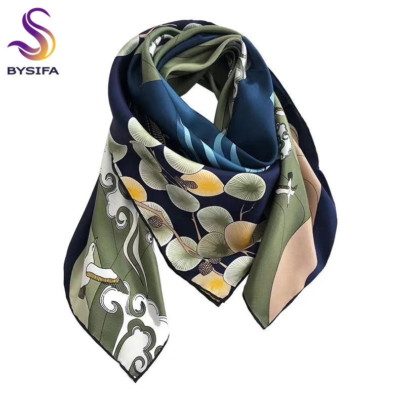 [BYSIFA] New 100% Pure Silk Square Scarf Hijab Fashion Blue Green Women Scarves Shawl Fall Winter Luxury Brand Neck Scarf Cape