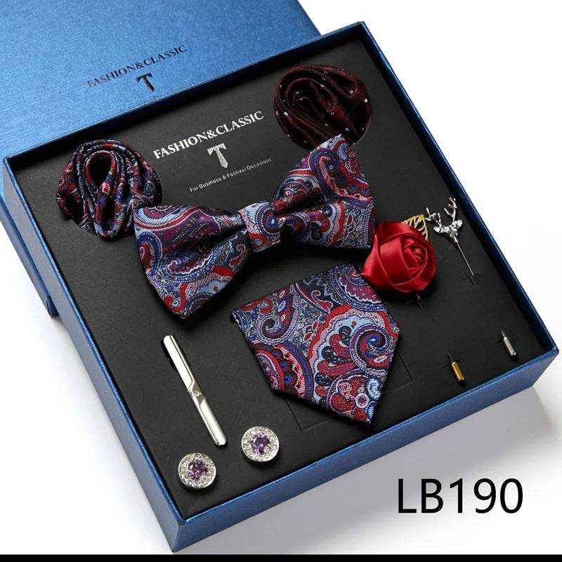 Holiday Gift Box Tie For Men 7.5 cmTie Hanky Pocket Squares Cufflink Set Bow Tie Clip Necktie Box Purple hombre Geometric Office