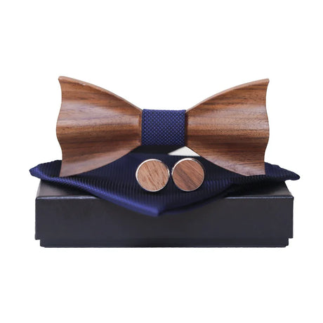 Wooden Bow Tie Handkerchief Cufflinks Set Men's Plaid Bowtie Wood Hollow carved cut out design with Gift Box Fashion Novelty tie