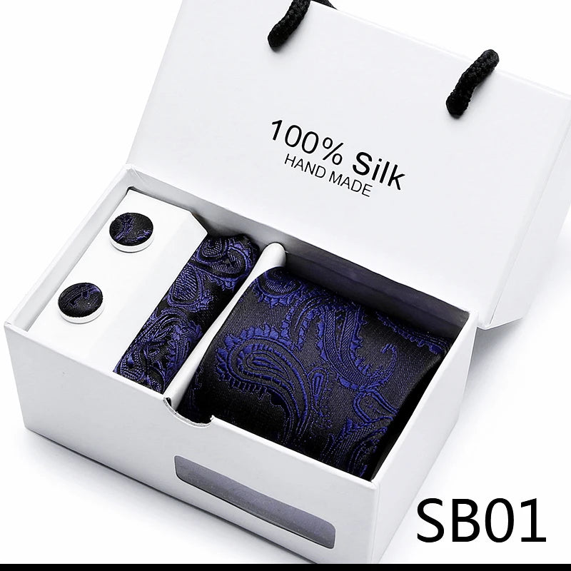 Brand 100% Silk Ties Gift box Office  Men Classic Party Wedding striped 7.5cm Silk Wedding  Floral Tie Necktie Handkerchief Set