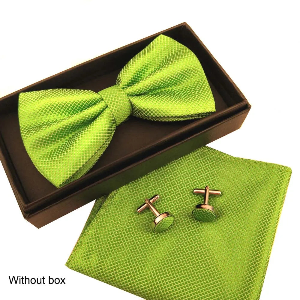 HUISHI Gold Bow Tie Set Butterfly Tie For Men Cufflinks Bowtie Set Green Pocket Square Cufflink Collars Shirt Man Brand Kerchief