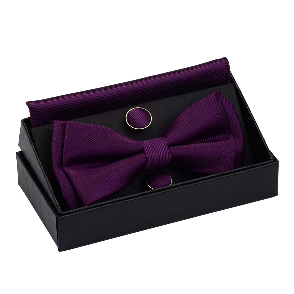 Solid Bow Tie Set Different Size Up and Down Men's Plain Bowtie Handkerchief Cufflinks Gift Box Set For Men Wedding Fashion Ties