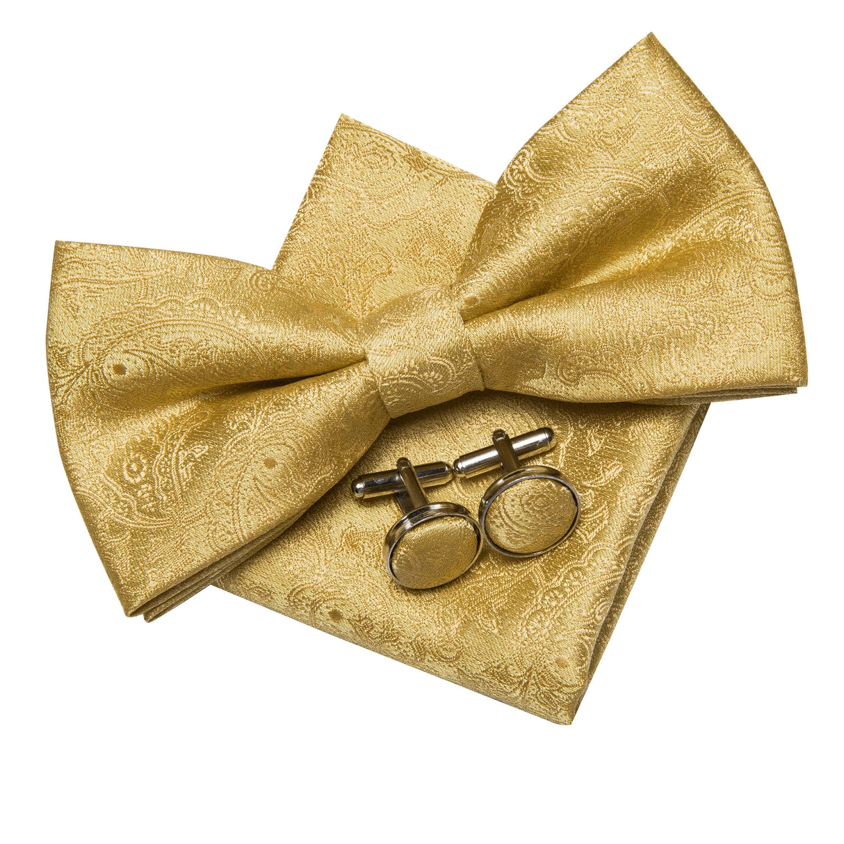 Hi-Tie Luxury Gold Silk Bow Ties for Men Fashion Men's Yellow Bowtie Handkerchief Cufflinks Brooch Set butterfly  Wedding Set