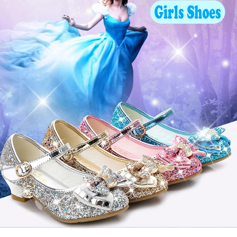 Princess Kids Leather Shoes for Girls Flower Casual Glitter Children High Heel Girls Shoes Butterfly Knot Blue Pink Silver
