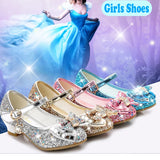 Princess Kids Leather Shoes for Girls Flower Casual Glitter Children High Heel Girls Shoes Butterfly Knot Blue Pink Silver