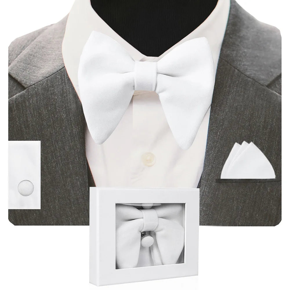GUSLESON Velvet Big Bow Tie Men's Bowties Pocket Square Cufflinks Set with Gift Box Solid Red Yellow Necktie For Man Wedding
