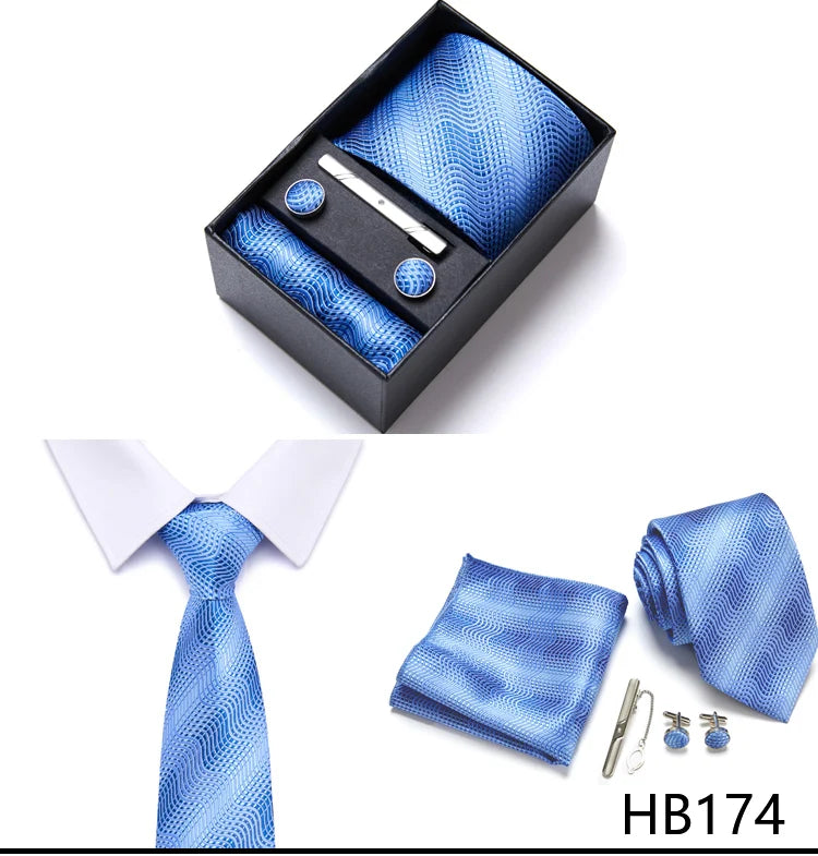 Brand Wholesale Tie Pocket Squares Cufflink Set Necktie Blue Striped Man Wedding Accessories Fit Workplace Holiday Gift Box