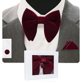 GUSLESON Velvet Big Bow Tie Men's Bowties Pocket Square Cufflinks Set with Gift Box Solid Red Yellow Necktie For Man Wedding