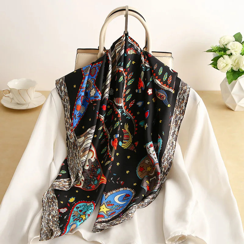 90*90cm Luxury Brand Women Silk Scarfs Print Square Scarves Spring Summer Shawls For Ladies