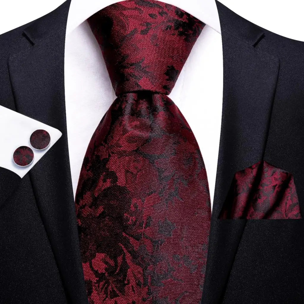 Hi-Tie Mens Gift Tie Set Red Wine Burgundy Paisley Silk Wedding Tie For Men Fashion Design Quality Hanky Cufflink Dropshipping