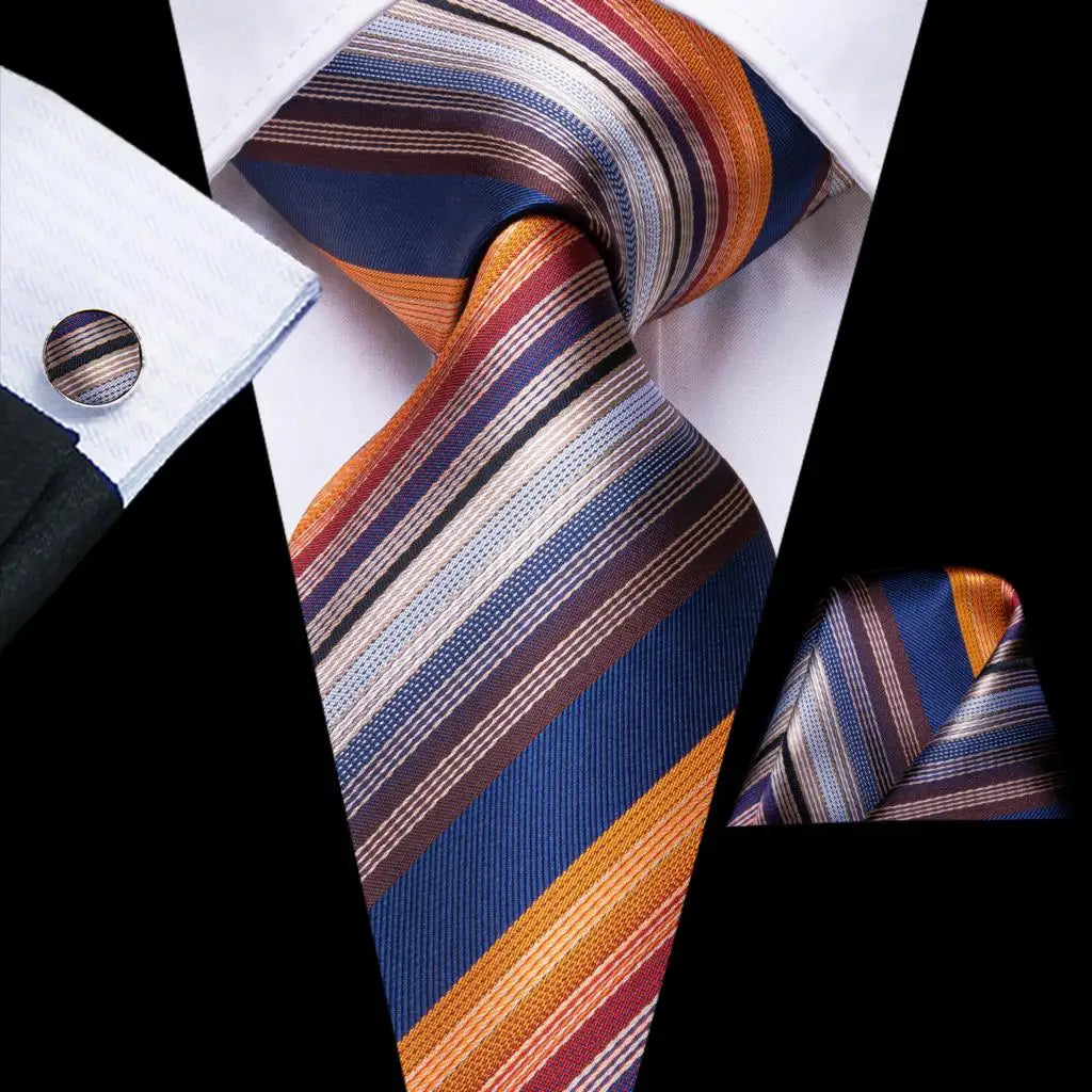 Hi-Tie Luxury Gold Orange Striped Paisley Silk Wedding Tie For Men Hanky Cufflink Gift Mens Necktie Business Party Dropshipping