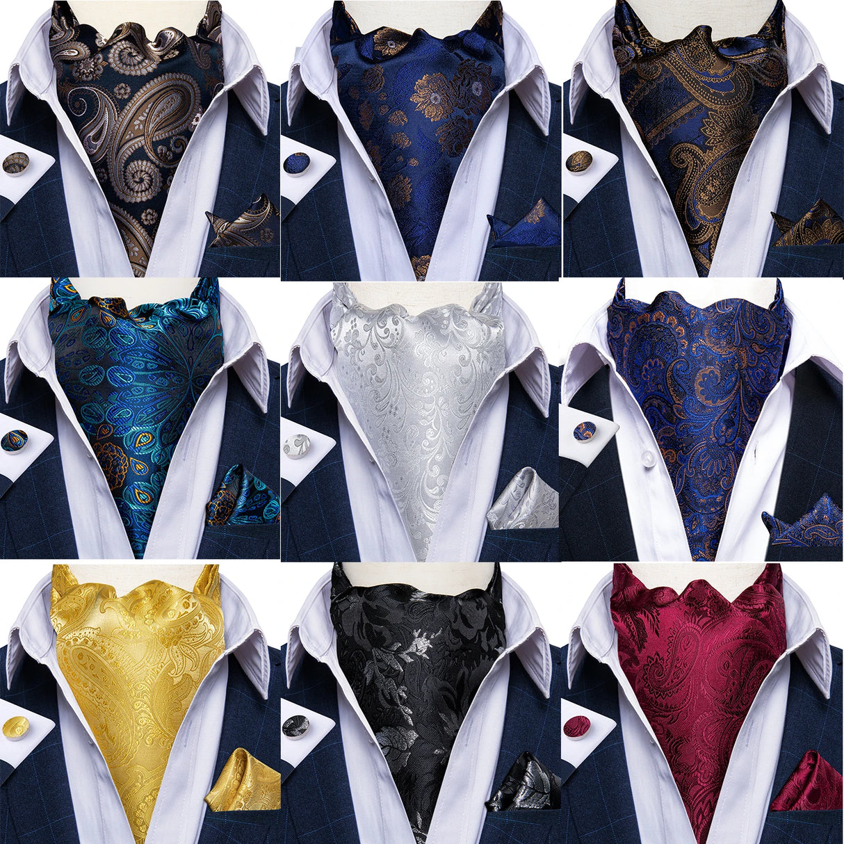 Men Premium Silk Ascot Tie Set Paisley Floral Blue Red Vintage Wedding Formal Cravat Tie Ascot Scarves Pocket Square Set DiBanGu