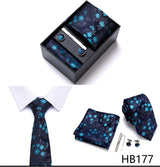 Brand Wholesale Tie Pocket Squares Cufflink Set Necktie Blue Striped Man Wedding Accessories Fit Workplace Holiday Gift Box