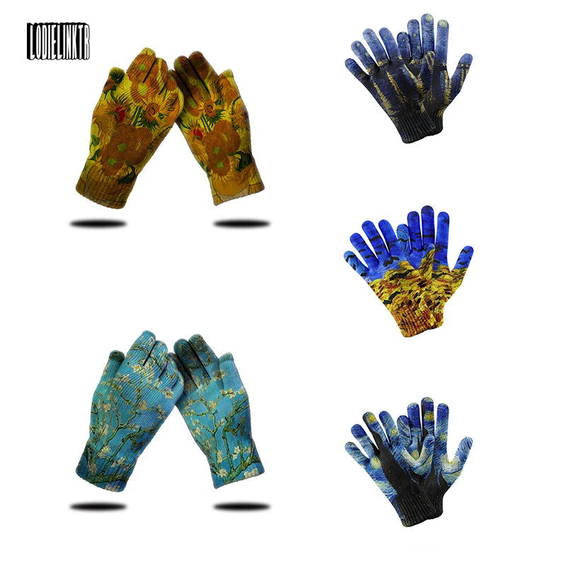 New Van Gogh Oil Painting Knitted Gloves Warm Women Mittens Sunflower Garden Work Gloves Touch Screen Gloves For Mobile Phone