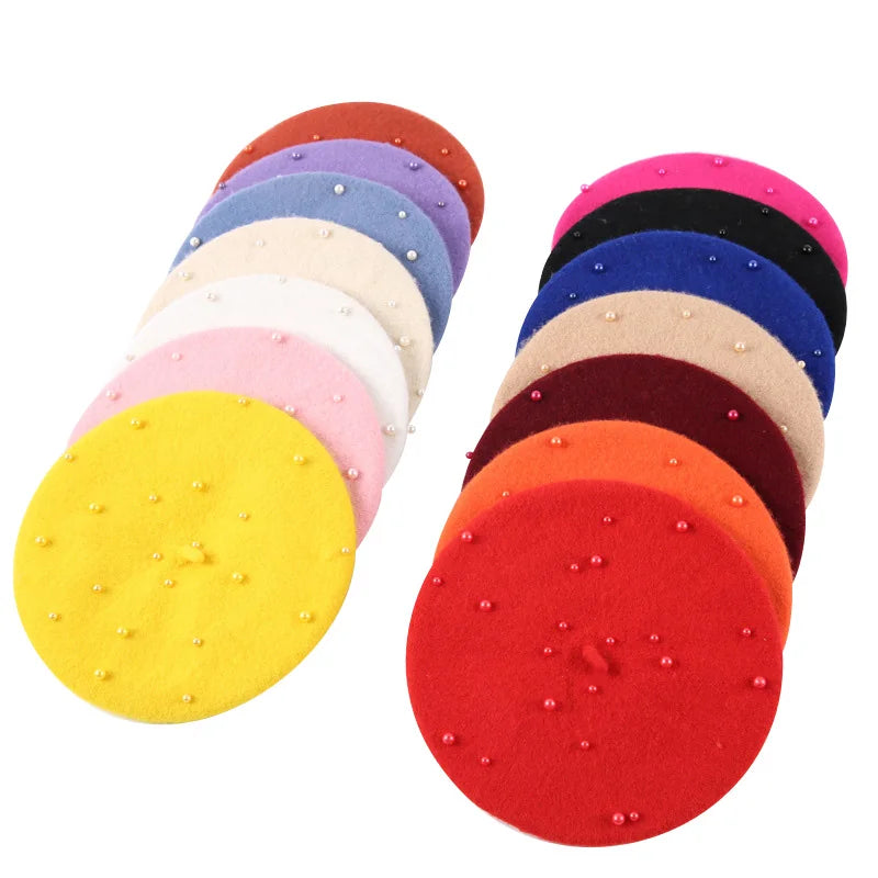 Wool Kids Winter Hat for Girls Retro Baby Beret Hats with Pearls Autumn Winter Kids Cap for Children Accessories 2-6Y