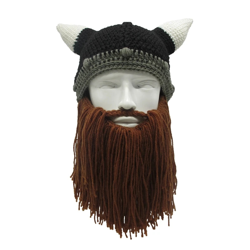 New Barbarian Viking Beanie Beard Horn Hat Handmade Knit Winter Warm Cap Men Women Birthday Cool Funny Gag Party Christmas