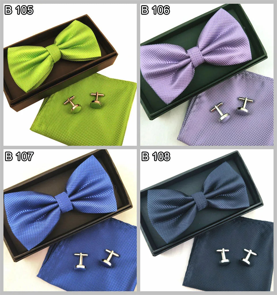 HUISHI Gold Bow Tie Set Butterfly Tie For Men Cufflinks Bowtie Set Green Pocket Square Cufflink Collars Shirt Man Brand Kerchief