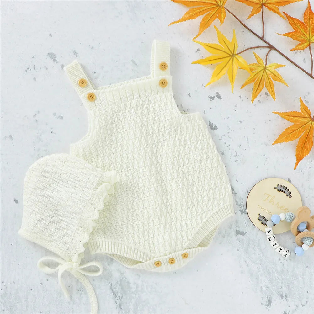 2Pcs Set Baby Knitted Romper Clothes Set Cotton Triangle Crotch Button One-Piece Jumpsuit+Hats Toddler Baby Boys Girls Outfits