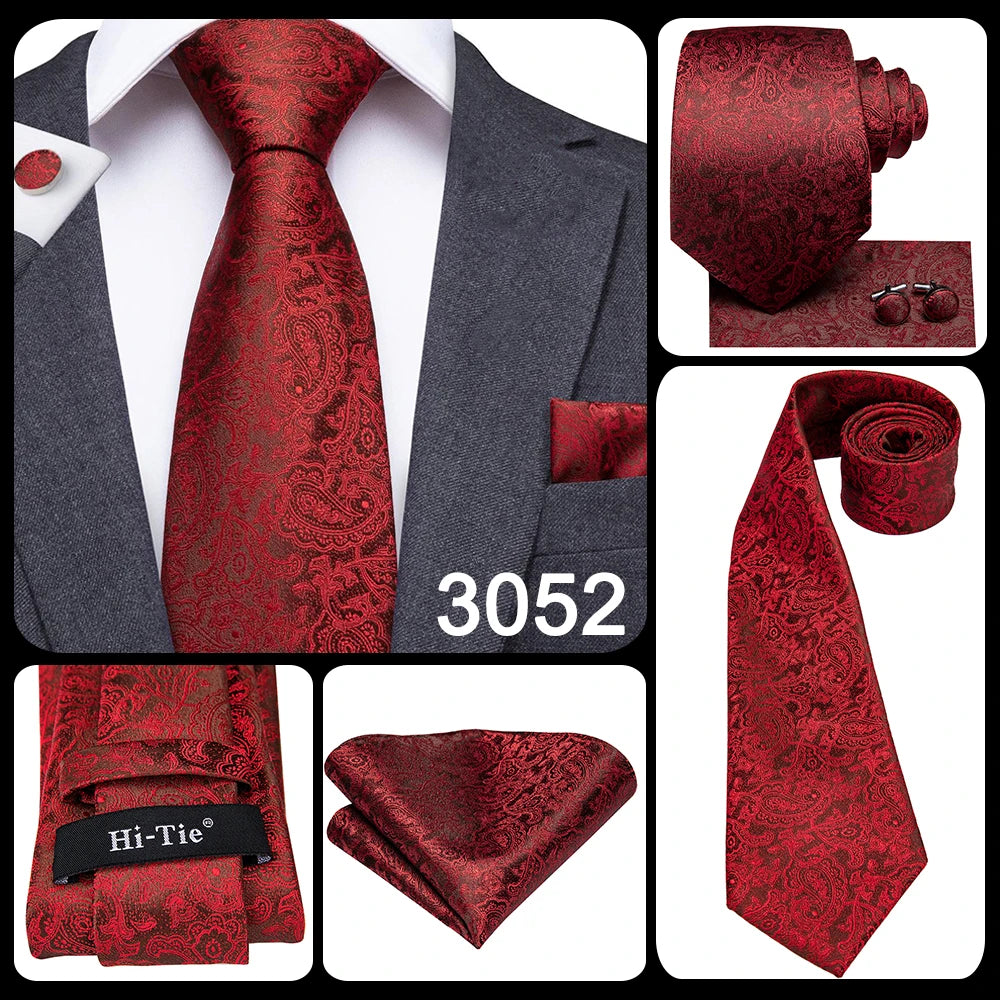 Hi-Tie Luxury Floral Paisley Ties for Men Male Desigenr Red Green Snow Ties for Christmas Adult Silk Tie Hanky Cufflinks Tie Set