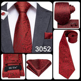 Hi-Tie Luxury Floral Paisley Ties for Men Male Desigenr Red Green Snow Ties for Christmas Adult Silk Tie Hanky Cufflinks Tie Set