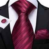 Fashion Striped Tie For Men Red Wine White Silk Wedding Tie Hanky Cufflink Gift Tie Set DiBanGu Novelty Design Business MJ-7337