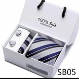 Brand 100% Silk Ties Gift box Office  Men Classic Party Wedding striped 7.5cm Silk Wedding  Floral Tie Necktie Handkerchief Set