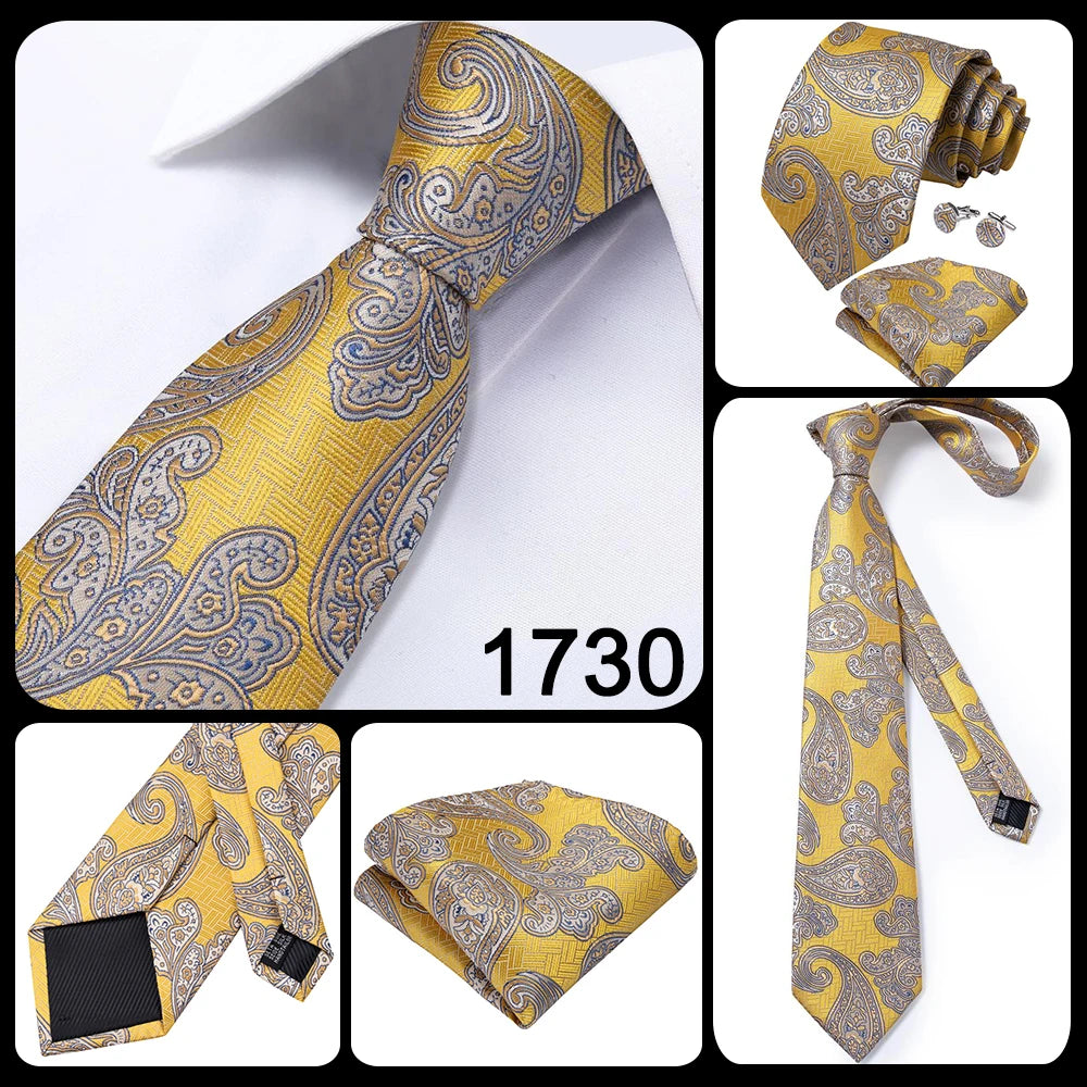 2022 New Design Yellow Gold Paisley Fashion Brand Tie for Men Wedding Party Necktie Handky Cufflinks Gift Wholesale Hi-Tie