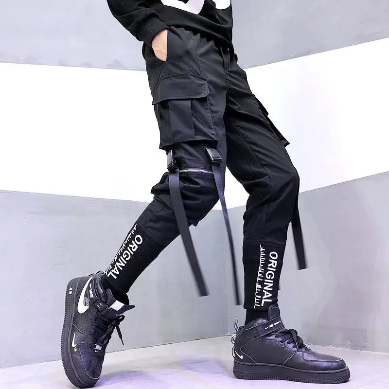 Hip Hop Men Ribbons Cargo Pants Fashion Harajuku 2023 New Elastic Waist Casual Streetwear Mens Joggers Trousers Black