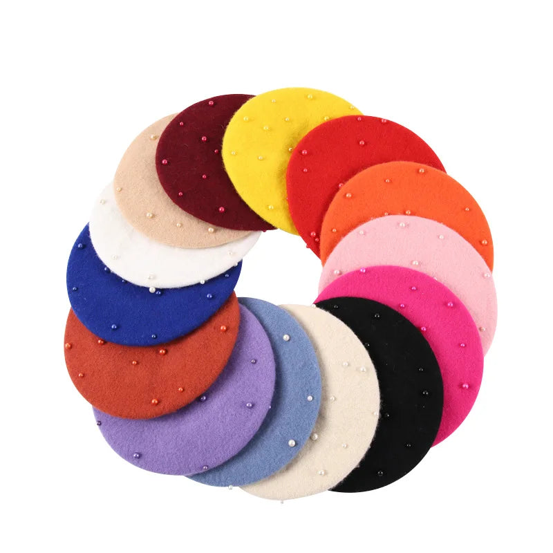 Wool Kids Winter Hat for Girls Retro Baby Beret Hats with Pearls Autumn Winter Kids Cap for Children Accessories 2-6Y
