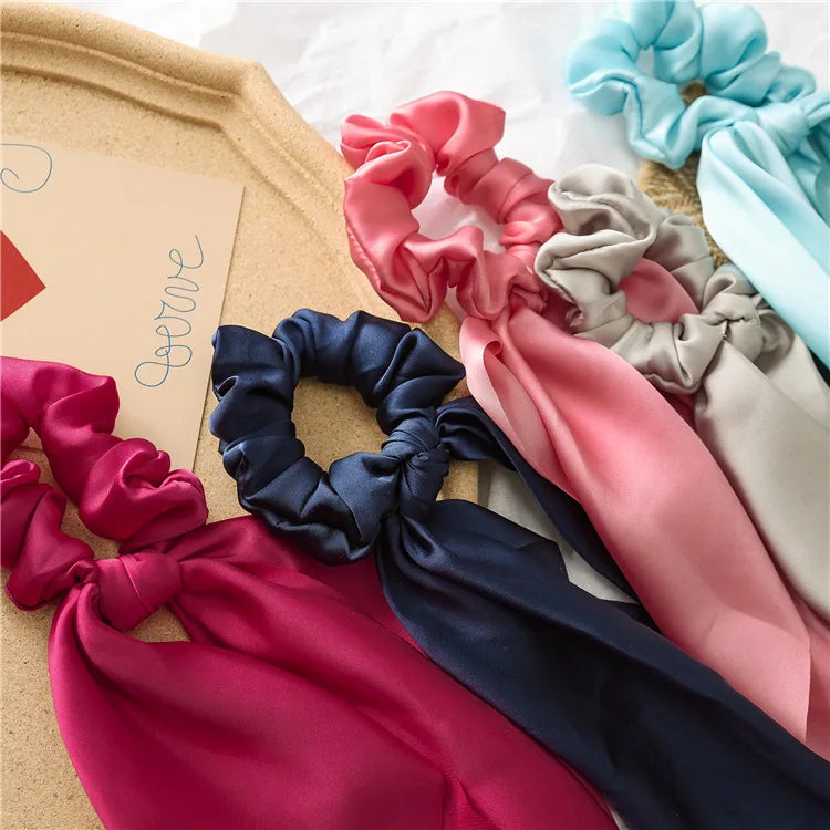 Large Colorful Poly Satin Rabbit Bunny Ear Bow Women’s Hair Scarf Scrunchies Solid Color Rubber Scrunchy Elastic Band for Girls