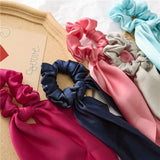 Large Colorful Poly Satin Rabbit Bunny Ear Bow Women’s Hair Scarf Scrunchies Solid Color Rubber Scrunchy Elastic Band for Girls