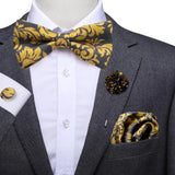 Hi-Tie Luxury Gold Silk Bow Ties for Men Fashion Men's Yellow Bowtie Handkerchief Cufflinks Brooch Set butterfly  Wedding Set