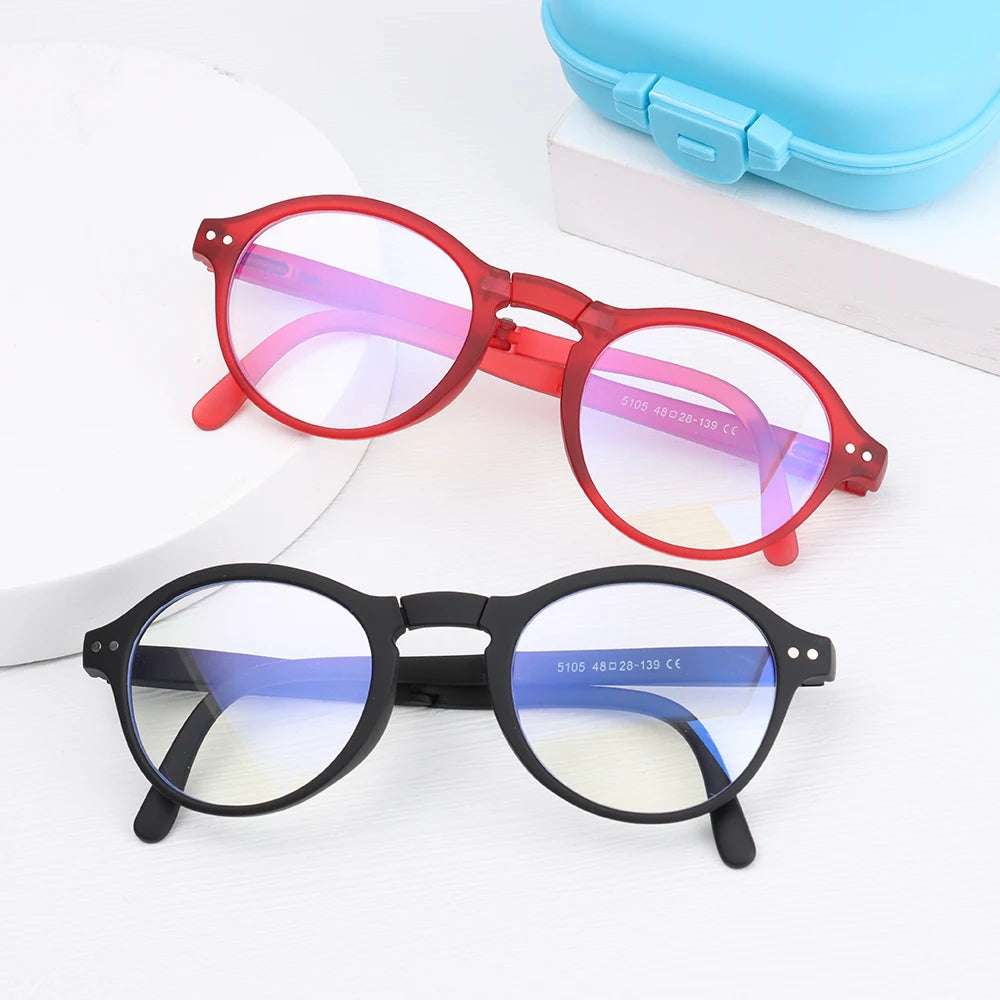 Fashion Design Blue Light Blocking Reading Glasses Men Women Folding Round Frame  Presbyopic Eyeglasses with Case  +1.0~4.0