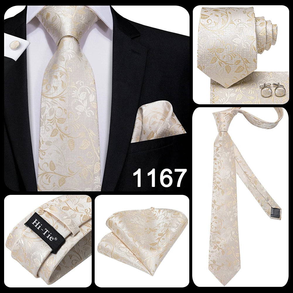 Hi-Tie Solid Champagne Ivory Floral Design Silk Wedding Tie For Men Quality Hanky Cufflink Fashion Nicktie Business Dropshipping