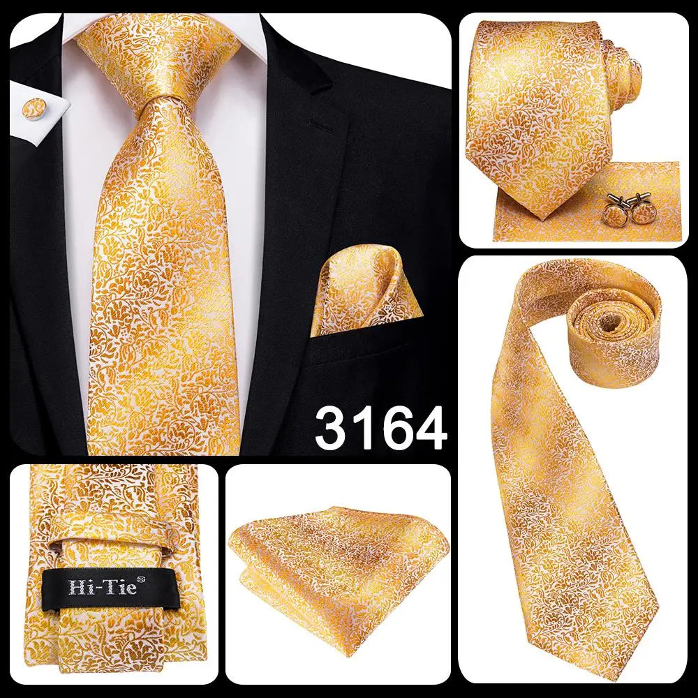 2022 New Design Yellow Gold Paisley Fashion Brand Tie for Men Wedding Party Necktie Handky Cufflinks Gift Wholesale Hi-Tie