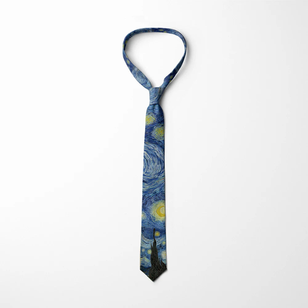 New Van Gogh Oil Painting Tie For Men Star Moon Night Retro Fun 8cm Wide Slim Necktie Accessories Daily Wear Wedding Party Gift