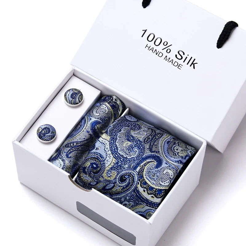 Brand 100% Silk Ties Gift box Office  Men Classic Party Wedding striped 7.5cm Silk Wedding  Floral Tie Necktie Handkerchief Set