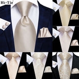 Hi-Tie Solid Champagne Ivory Floral Design Silk Wedding Tie For Men Quality Hanky Cufflink Fashion Nicktie Business Dropshipping