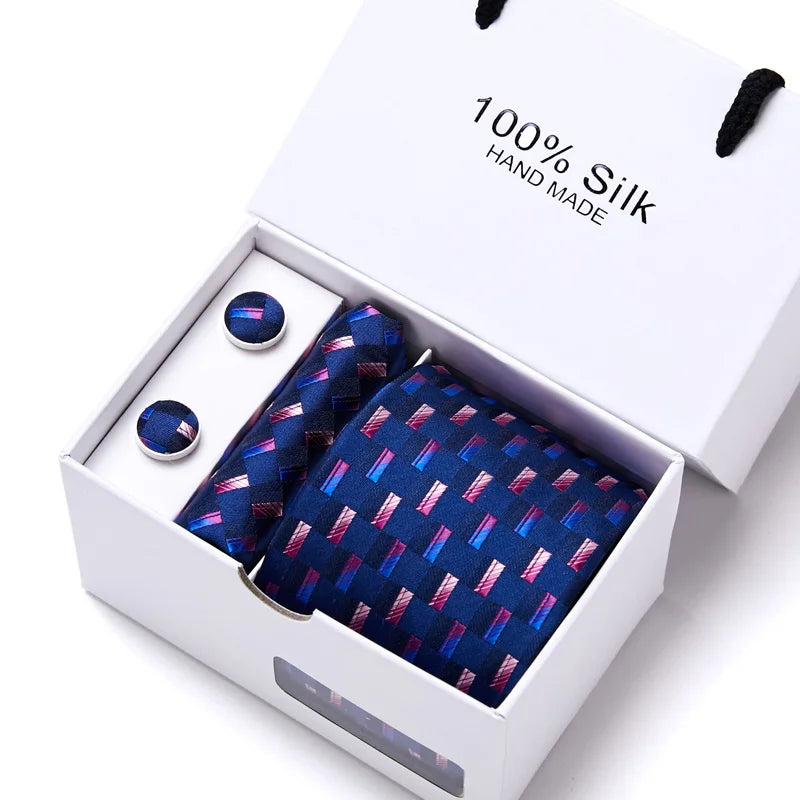 Brand 100% Silk Ties Gift box Office  Men Classic Party Wedding striped 7.5cm Silk Wedding  Floral Tie Necktie Handkerchief Set